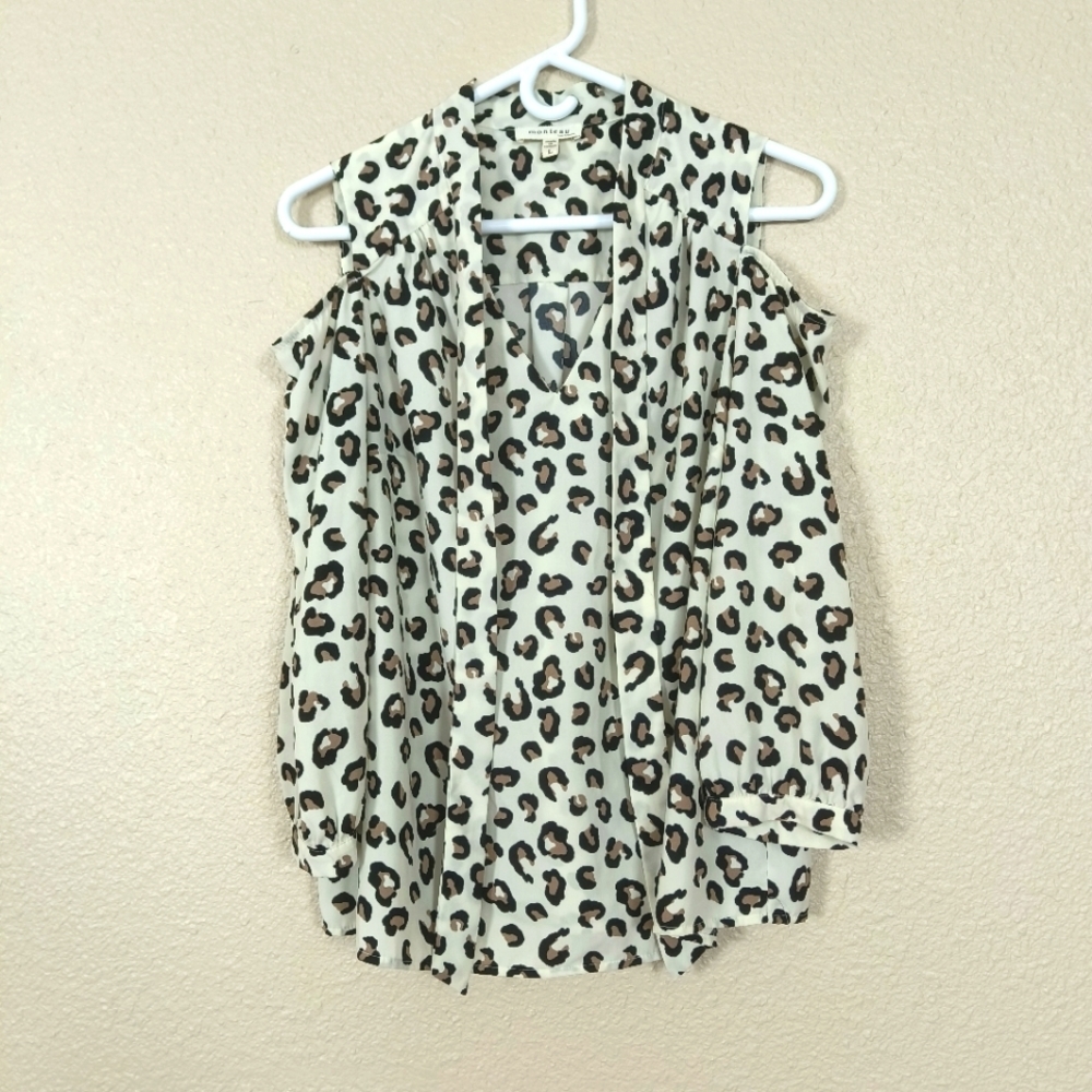 Monteau women's blouse Leopard Print‎ Off Shoulder 3/4 sleeve buttons Size L